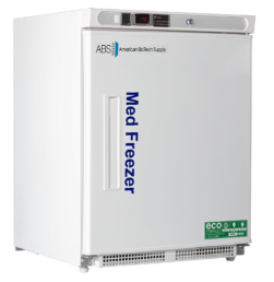 A white upright ADA-compliant pharmacy freezer with the label Med Freezer in blue on the door, digital temperature display, and the American BioTech Supply logo. The door has an eco-friendly sticker and a handle on the left. The exterior is clean and plain.