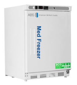 Exterior view of American BioTech Supply's 4.2 cu. ft. undercounter pharmacy freezer, showcasing its compact design and stainless steel finish. Right hinged, with door closed.