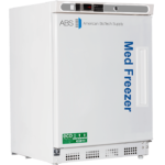 A white 4.2 cu ft Undercounter pharmacy freezer labeled “Med Freezer” with a handle on the right. The logo reads ABS American BioTech Supply. A digital display and control panel is on top. The freezer has vent holes and an eco-friendly sticker near the bottom front.