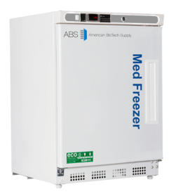 A white 4.2 cu ft Undercounter pharmacy freezer labeled “Med Freezer” with a handle on the right. The logo reads ABS American BioTech Supply. A digital display and control panel is on top. The freezer has vent holes and an eco-friendly sticker near the bottom front.