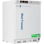 A white, upright 4.2 cu. ft. Auto defrost pharmacy freezer labeled Med Freezer by American BioTech Supply has a digital display, control buttons on top, and eco-friendly certification stickers on the lower right. The door is solid, and the freezer stands on small legs.