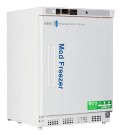 A white, upright 4.2 cu. ft. Auto defrost pharmacy freezer labeled Med Freezer by American BioTech Supply has a digital display, control buttons on top, and eco-friendly certification stickers on the lower right. The door is solid, and the freezer stands on small legs.