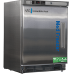 A 4.2 Cu. Ft. left-hinged stainless steel freezer labeled ABS American BioTech Supply and Med Freezer with digital display, eco-friendly and energy efficiency stickers, front-opening door, and vented base, designed for scientific or medical storage.
