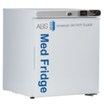 A small, white 1 cu. ft. left-hinged pharmacy refrigerator with ABS Med Fridge and American BioTech Supply labeled on the door. The fridge has a digital temperature display and control panel on the top right corner. The unit rests on small black feet.