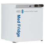 A white medical refrigerator with ABS Med Fridge in blue lettering on the front. The control panel on top features a digital display showing 4.7. The upper front also displays the American BioTech Supply logo. The fridge is on a plain white background.
