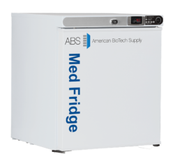 A white medical refrigerator with ABS Med Fridge in blue lettering on the front. The control panel on top features a digital display showing 4.7. The upper front also displays the American BioTech Supply logo. The fridge is on a plain white background.