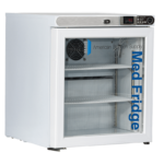 A small white 1 cu. ft. pharmacy undercounter refrigerator with a glass door, digital temperature display, and two wire shelves. Med Fridge and American Biotech Supply are printed on the glass door. An internal fan is visible inside the fridge.