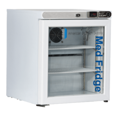 A small white 1 cu. ft. pharmacy undercounter refrigerator with a glass door, digital temperature display, and two wire shelves. Med Fridge and American Biotech Supply are printed on the glass door. An internal fan is visible inside the fridge.