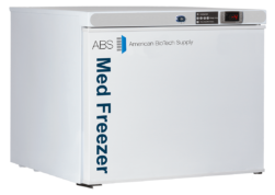 A white 1.7 cu. ft. left hinged pharmacy freezer with ABS Med Freezer and American BioTech Supply labeled on the front. It has a digital control panel displaying -24°C and simple black feet at the base. The freezer has a clean, modern design.