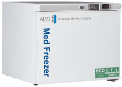 A 1.7 cu. ft. Premier Pharmacy Laboratory Freezer, labeled “Med Freezer” in blue on the side and “American BioTech Supply” on the front, features a control panel and digital display, plus eco-friendly and HFC free labels on the bottom right.