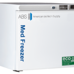 American BioTech Supply HC-UCFS-0120A-LH undercounter medical freezer, left-hinged model shown in external view with a compact stainless steel body, designed for space-efficient pharmaceutical and clinical cold storage.