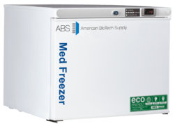 American BioTech Supply HC-UCFS-0120A-LH undercounter medical freezer, left-hinged model shown in external view with a compact stainless steel body, designed for space-efficient pharmaceutical and clinical cold storage.