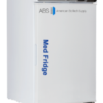 A white 2.5 cu. ft. undercounter medical refrigerator with a digital control panel on top showing a temperature of 4.1°C. The door features the blue text Med Fridge and logos for ABS and American BioTech Supply. The unit stands upright with a handle on the left side.