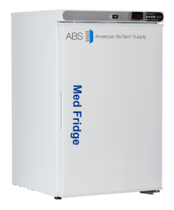 A white 2.5 cu. ft. undercounter medical refrigerator with a digital control panel on top showing a temperature of 4.1°C. The door features the blue text Med Fridge and logos for ABS and American BioTech Supply. The unit stands upright with a handle on the left side.