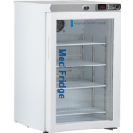 A small 2.5 cu. ft. glass door pharmacy refrigerator labeled “Med Fridge” and “American BioTech Supply.” Perfect for pharmacy or vaccine storage, it features four wire shelves, a digital temperature display, and an interior fan—all visible through the clear door.