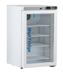 A small 2.5 cu. ft. glass door pharmacy refrigerator labeled “Med Fridge” and “American BioTech Supply.” Perfect for pharmacy or vaccine storage, it features four wire shelves, a digital temperature display, and an interior fan—all visible through the clear door.