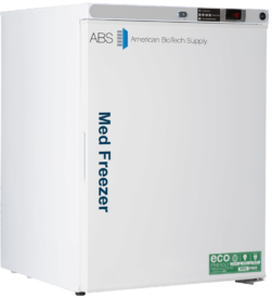 A white upright 4 cu. ft. undercounter pharmacy freezer labeled “Med Freezer” and “American BioTech Supply” on the front. The control panel and digital display are on top. A green “eco friendly” sticker is near the bottom right corner. The freezer stands on four small black feet.