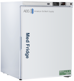 A white 5.2 cu. ft. undercounter pharmacy refrigerator with Med Fridge in blue text on the door, and American BioTech Supply logo at the top. A digital temperature display reads 4.1°C. An eco-friendly label is on the bottom right corner of the door.