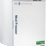 A white 4 cu. ft. pharmacy freezer with microprocessor control labeled “Med Freezer” on the door, with the logo “ABS American BioTech Supply” at the top. The control panel shows a temperature of -14°C. An eco-friendly sticker is on the lower right corner of the door.