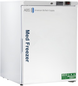 A white 4 cu. ft. pharmacy freezer with microprocessor control labeled “Med Freezer” on the door, with the logo “ABS American BioTech Supply” at the top. The control panel shows a temperature of -14°C. An eco-friendly sticker is on the lower right corner of the door.