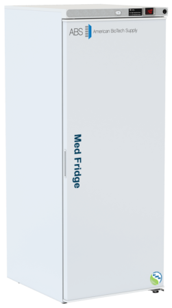 A tall, white medical refrigerator labeled “Med Fridge” with a single solid door, digital temperature display on top, and the American BioTech Supply logo on the upper front. The fridge stands on a plain white background.