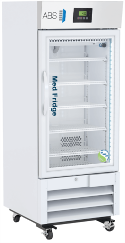 A white, upright medical refrigerator on wheels with a clear glass door, digital temperature display, interior LED lighting, and multiple wire shelves. The words “Med Fridge” and a blue-green sticker are visible on the door. The brand “ABS” is on the top panel.