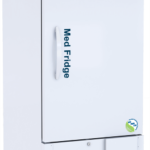 A tall, white medical refrigerator on wheels displays a digital temperature screen reading 4.0°C. The door has a large handle, “Med Fridge” label, and an ABS logo on top. Vents and a circular “We Care for the Planet” sticker appear near the base.