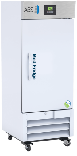 A tall, white medical refrigerator on wheels displays a digital temperature screen reading 4.0°C. The door has a large handle, “Med Fridge” label, and an ABS logo on top. Vents and a circular “We Care for the Planet” sticker appear near the base.