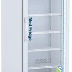 A tall, white, single-door medical refrigerator with a glass front, digital temperature display, and five adjustable wire shelves. The fridge stands on wheels and features Medi-Fridge written vertically on the door. The interior is brightly lit.