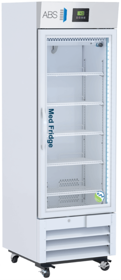 A tall, white, single-door medical refrigerator with a glass front, digital temperature display, and five adjustable wire shelves. The fridge stands on wheels and features Medi-Fridge written vertically on the door. The interior is brightly lit.