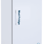 A tall, white medical refrigerator on wheels with a digital temperature display showing 4.0°C. The door has a handle on the left and Med Fridge written vertically. Vents are at the bottom and the ABS logo is at the top left corner of the fridge.