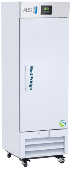 A tall, white medical refrigerator on wheels with a digital temperature display showing 4.0°C. The door has a handle on the left and Med Fridge written vertically. Vents are at the bottom and the ABS logo is at the top left corner of the fridge.