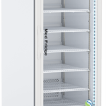 A tall, white medical refrigerator with a glass door, labeled Med Fridge. It has seven metal wire shelves, an electronic display at the top showing temperature settings, a handle on the left, and is mounted on four small wheels.