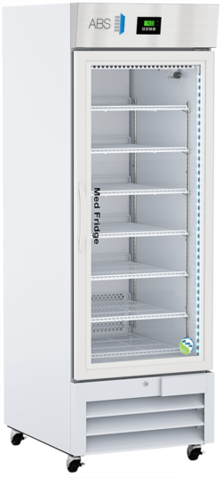 A tall, white medical refrigerator with a glass door, labeled Med Fridge. It has seven metal wire shelves, an electronic display at the top showing temperature settings, a handle on the left, and is mounted on four small wheels.