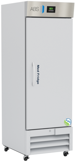 A tall, white, upright refrigerator labeled Medi Fridge with a stainless steel control panel on top, displaying a digital temperature. The fridge stands on four wheels and has air vents at the bottom front. A small eco-friendly sticker appears on the lower right corner.