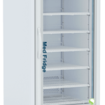 A tall, white medical refrigerator with a glass door, six interior shelves, digital control panel on top, ABS logo, and Med Fridge label on the door; the unit stands on four wheels and is empty inside.