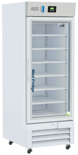 A tall, white medical refrigerator with a glass door, six interior shelves, digital control panel on top, ABS logo, and Med Fridge label on the door; the unit stands on four wheels and is empty inside.