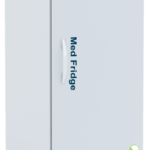 A tall, white NSF compliant vaccine medical refrigerator on wheels with a vertical handle. The top panel displays the brand ABS and a digital temperature control. Med Fridge is printed vertically on the door. Lower front panel has vent slats and a small green symbol.