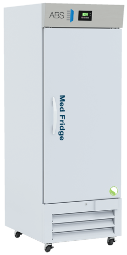 A tall, white NSF compliant vaccine medical refrigerator on wheels with a vertical handle. The top panel displays the brand ABS and a digital temperature control. Med Fridge is printed vertically on the door. Lower front panel has vent slats and a small green symbol.