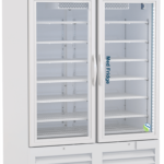 A large, white, NSF certified commercial refrigerator with double glass doors, metal handles, and multiple empty shelves inside. The control panel is at the top right. The unit is on wheels, and the left door has Med Fridge written vertically in blue.