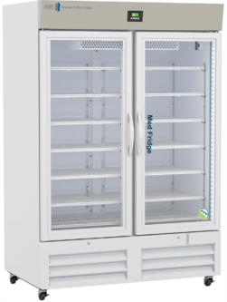 A large, white, NSF certified commercial refrigerator with double glass doors, metal handles, and multiple empty shelves inside. The control panel is at the top right. The unit is on wheels, and the left door has Med Fridge written vertically in blue.