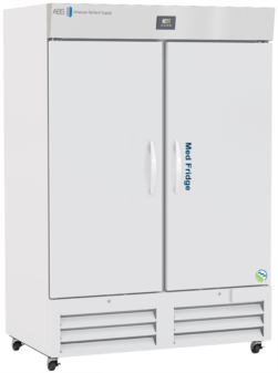 A large, white, double-door medical refrigerator labeled “Med Fridge” with digital temperature display, vented panels at the bottom, and wheels for mobility. The brand “American BioTech Supply” appears on the top left corner.