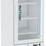 A tall, white medical refrigerator with a glass door, labeled “Med Fridge” by American BioTech Supply. The fridge has three adjustable wire shelves, interior LED lighting, a temperature control panel at the bottom, and wheels for mobility.