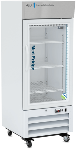 A tall, white medical refrigerator with a glass door, labeled “Med Fridge” by American BioTech Supply. The fridge has three adjustable wire shelves, interior LED lighting, a temperature control panel at the bottom, and wheels for mobility.