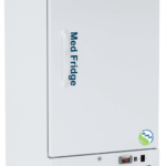 A tall, white medical refrigerator labeled “Med Fridge” with a vertical handle, digital temperature display, ventilation grille, and four caster wheels. It features the ABS logo and a small eco-friendly badge on the lower right of the door.