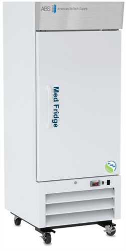 A tall, white medical refrigerator labeled “Med Fridge” with a vertical handle, digital temperature display, ventilation grille, and four caster wheels. It features the ABS logo and a small eco-friendly badge on the lower right of the door.