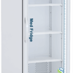 A tall, white NSF certified medical pharmacy refrigerator with a glass door, interior shelves, digital controls at the bottom, and caster wheels. The label “Med Fridge” is visible inside, and the logo “American BioTech Supply” appears at the top. The fridge is empty.