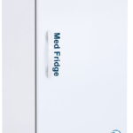 A tall, white laboratory refrigerator labeled Med Fridge with a digital temperature display, ventilation grille at the bottom, and wheels for mobility. The brand American BioTech Supply is visible on the top front panel.