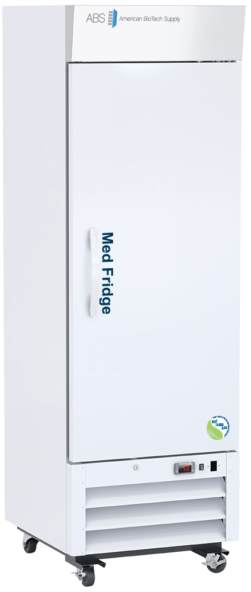 A NSF certified tall, white laboratory solid door pharmacy refrigerator labeled Med Fridge with a digital temperature display, ventilation grille at the bottom, and wheels for mobility. The brand American BioTech Supply is visible on the top front panel.