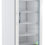 A tall, white NSF certified medical refrigerator with a glass door, labeled Med Fridge. It has multiple metal shelves inside, all empty. The fridge stands on wheels and features control buttons and a small display panel at the bottom front.